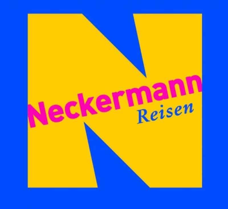 Figure publicitaire pour Neckermann. 4 Logo Neckermann Reisen z dużą żółtą literą