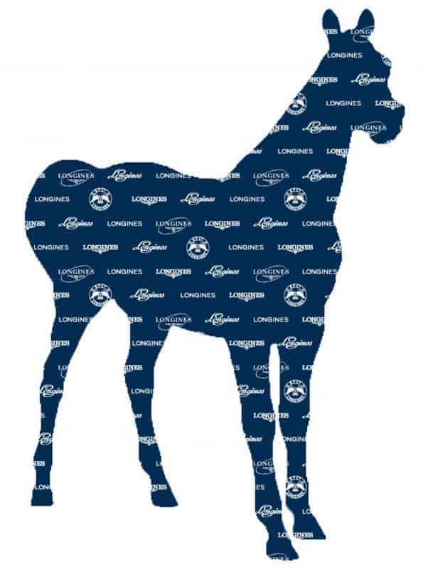 Objet publicitaire Longines 4 Sylwetka konia na granatowym tle z logotypami marki Longines.