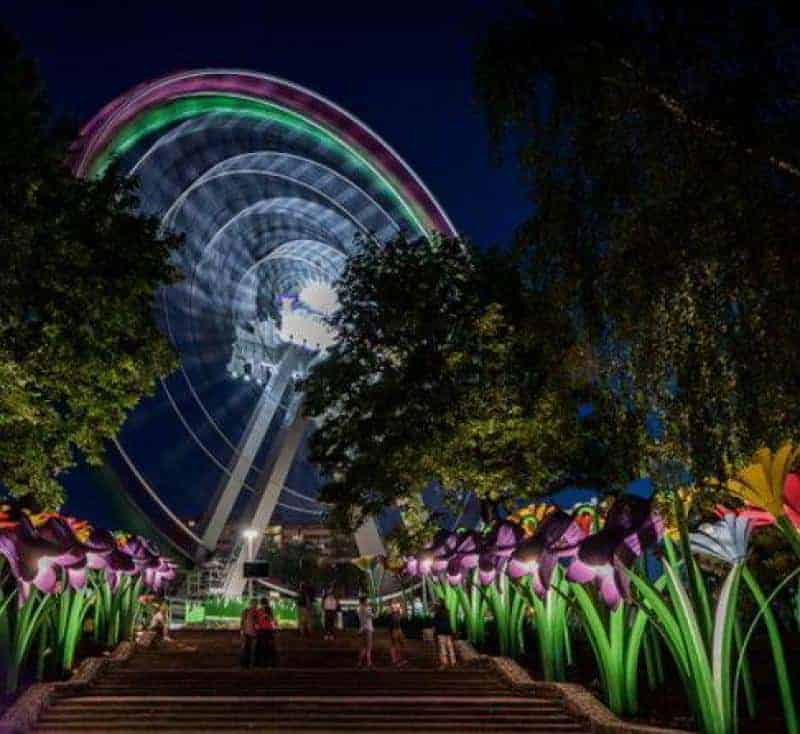 Fleur de Legendia 3 Diabelski młyn nocą, otoczony kolorowymi, podświetlonymi kwiatami i drzewami.