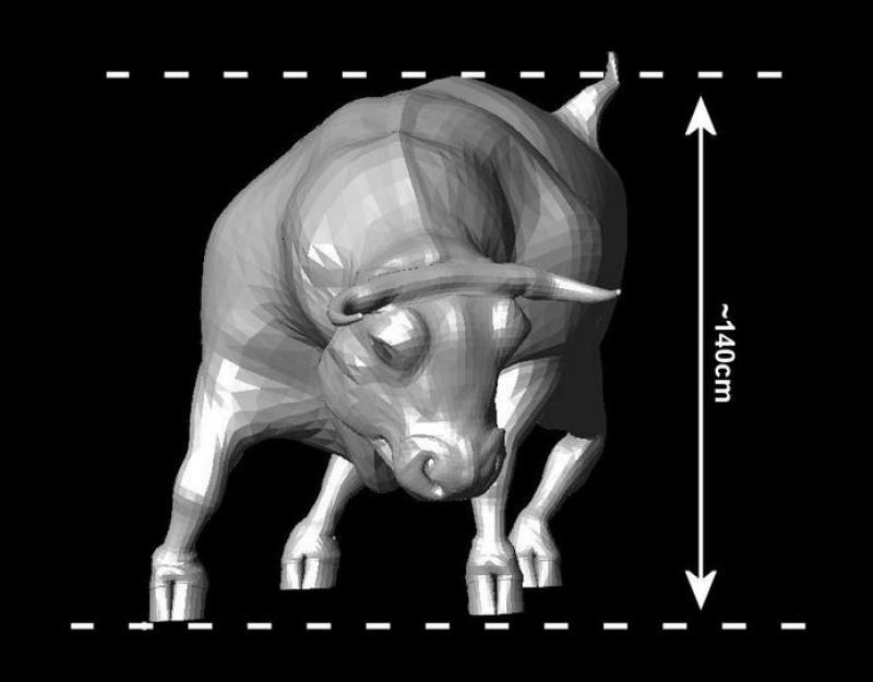 Model byka o wysokości około 140 cm na czarnym tle.