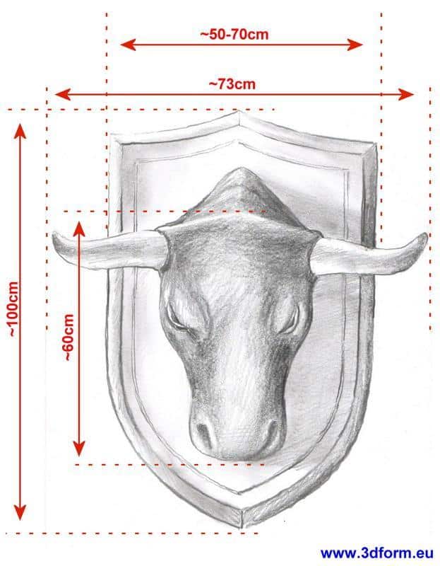 Tête de taureau - publicité pour la bière Jupiler 2 Rysunek głowy byka na tarczy herbowe, z wymiarami: szerokość tarczy ok. 73 cm, wysokość tarczy ok. 100 cm, wysokość głowy byka ok. 60 cm, szerokość rogów ok. 50-70 cm.