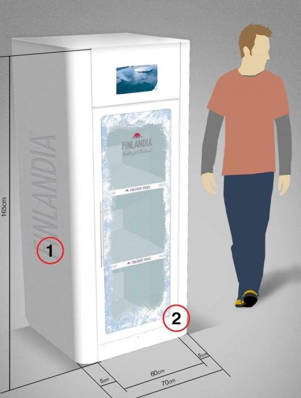 Biała lodówka z logo Finlandia, wymiary 165 cm wysokości i 70 cm szerokości, przedstawiona obok sylwetki człowieka.