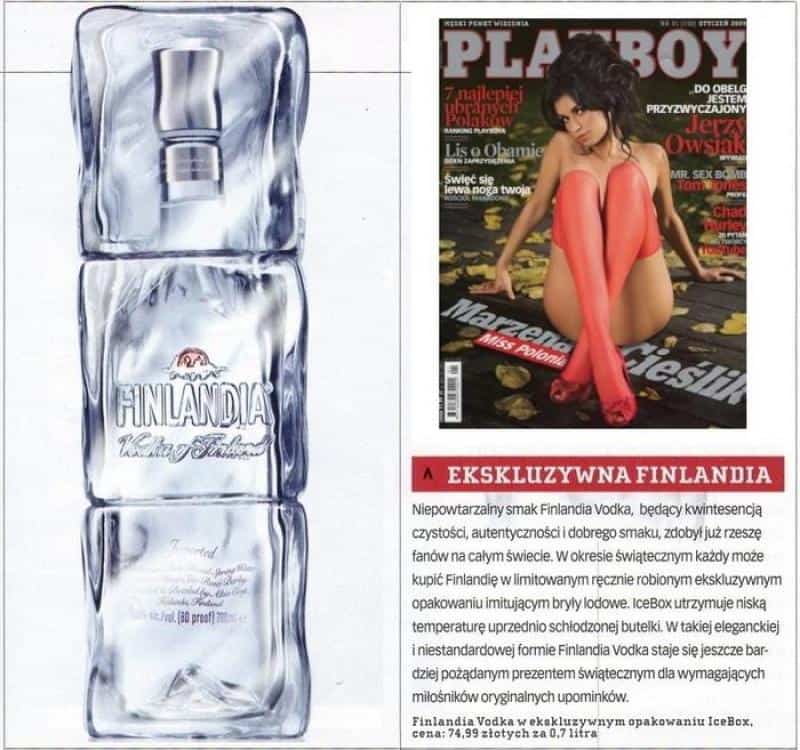 Emballage promotionnel Finlandia 3 Butelka wódki Finlandia w opakowaniu przypominającym bryłę lodu oraz magazyn Playboy z kobietą w czerwonych pończochach na okładce.