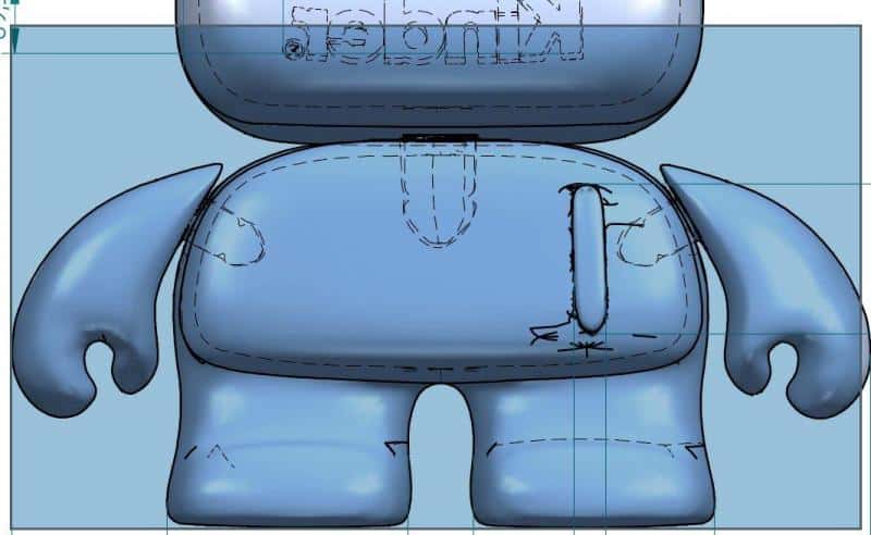 Niebieska, kreskówkowa postać w stylu figurki, z dużą głową i krótkimi nogami.