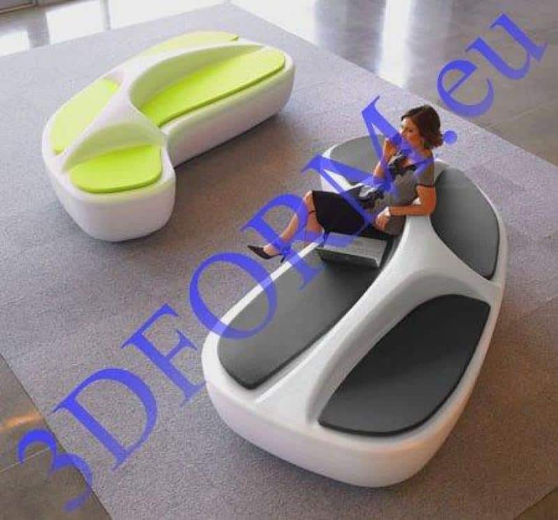 Banc pour TESCO - intérieur/extérieur 2 Nowoczesne, designerskie ławki w futurystycznym stylu w przestronnym wnętrzu. Na jednej z nich siedzi osoba.