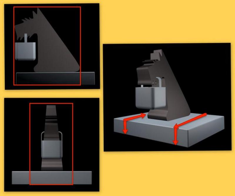 LOGO 3D NETTO 3 Czarny pionek szachowy w kształcie głowy konia na podstawie, pokazany z przodu, z boku i pod kątem, z czerwonymi ramkami i strzałkami wskazującymi jego wymiary.