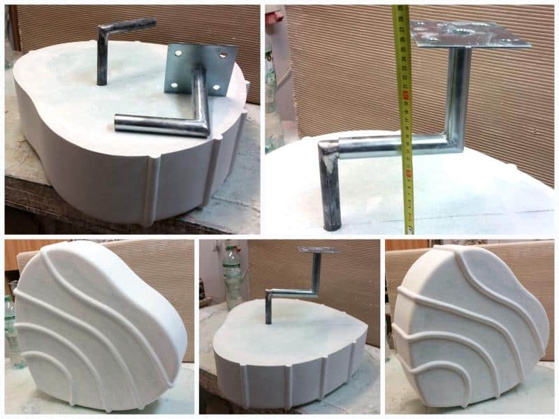 Pralines 4 Forma do odlewania z metalu oraz różne ujęcia gotowego odlewu z białym wzorem.