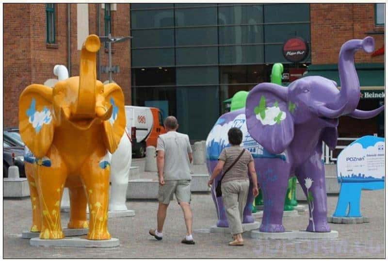 Éléphants publicitaires de Poznań 2 Kolorowe rzeźby słoni na wystawie plenerowej, oglądane przez dwie osoby.