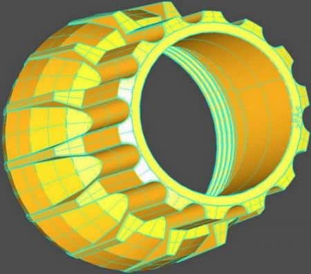 Té - Raccord de Tuyauterie 2 3D model żółtej opony terenowej z nacięciami i bieżnikiem.