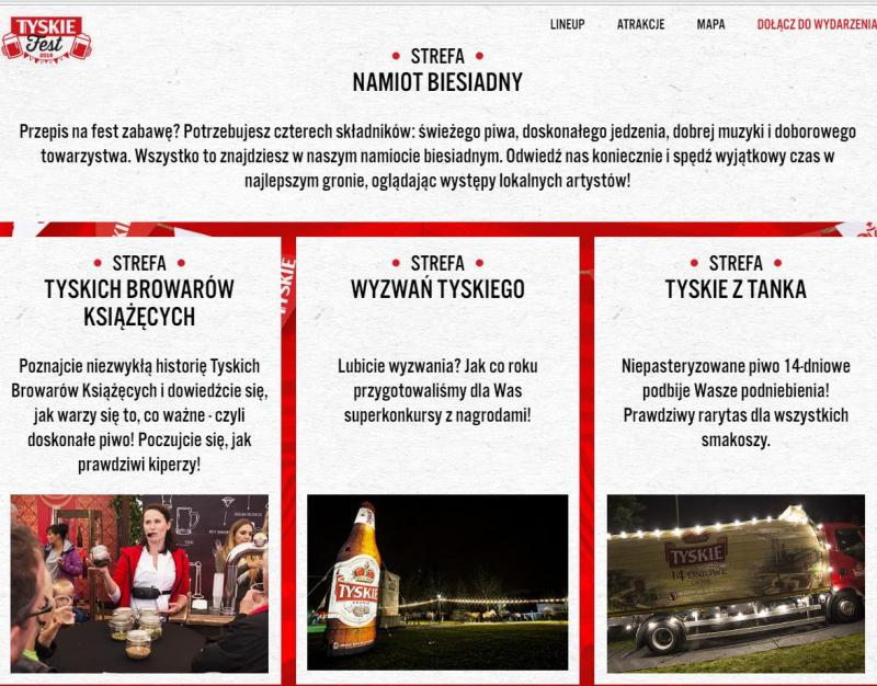 Plakat Tyskiego Festu z opisem czterech stref: Namiot Biesiadny, Tyskich Browarów Książęcych, Wyzwań Tyskiego i Tyskie z Tanka.