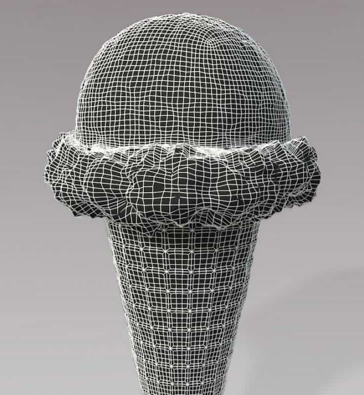 Maquette de glace - La Cabane Verte 2 Model 3D rożka lodowego pokrytego siatką geometryczną.