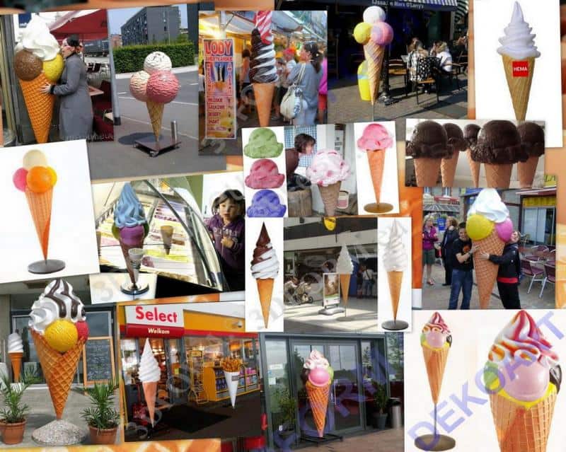 Maquette de glace - La Cabane Verte 1 Kolaż zdjęć przedstawiających różne rodzaje stoisk z lodami i figur lodów w kształcie rożków.