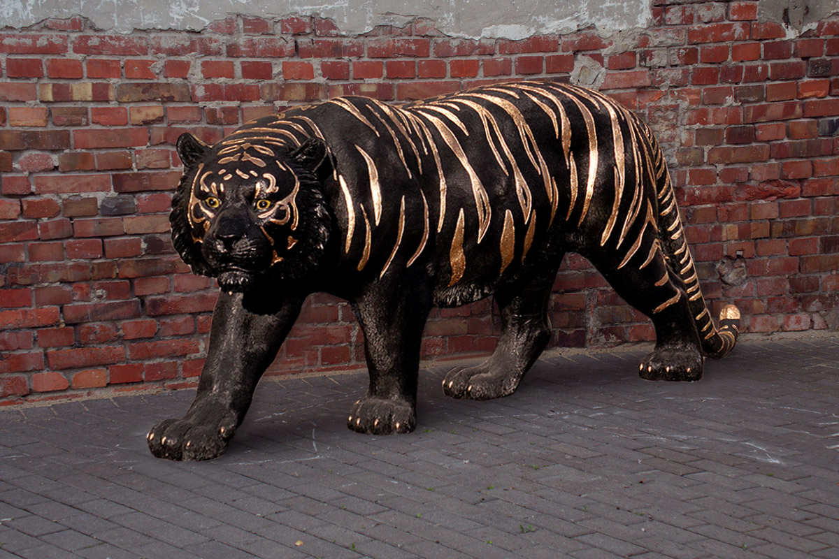 Tigre noir debout - poubelle dorée 1 Czarny tygrys stojący - złoty trash