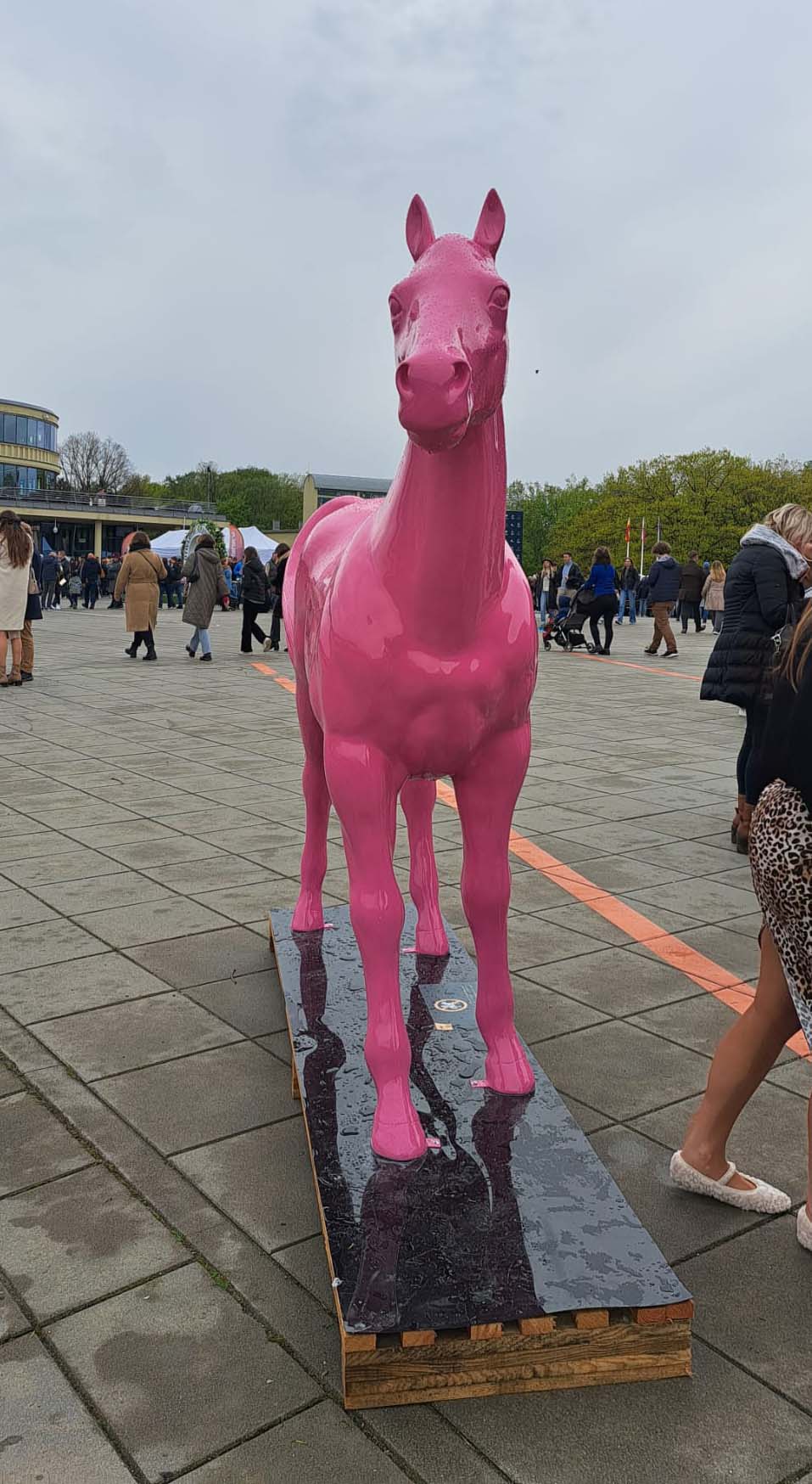 Różowa rzeźba konia na placu wśród ludzi.