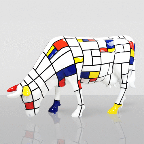 Grande Figurine – Vache Peinte à la Main avec Motif Mondrian