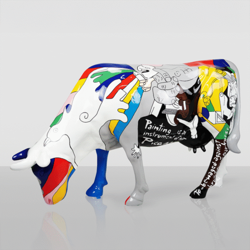 Grande Sculpture – Vache Peinte à la Main, Motif Pablo Picasso